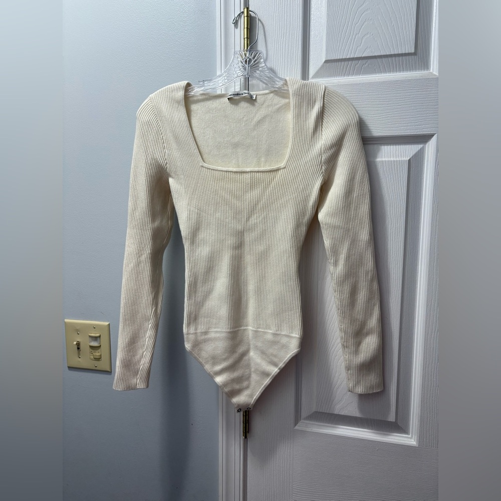 ABERCROMBIE & FITCH Ottoman Sweater Knit Ribbed Square Neck Bodysuit XS Cream